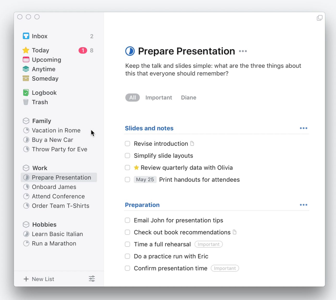 The Things window, with its left sidebar of inbox, today, upcoming and project lists beside a project